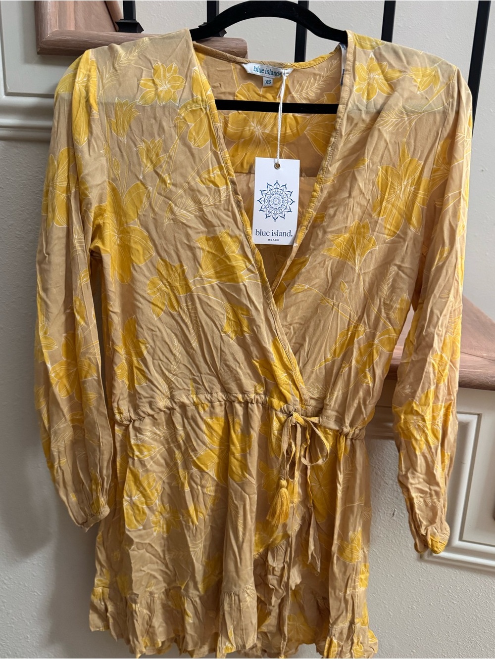 blue island Yellow Floral Wrap Tunic Coverup Dress